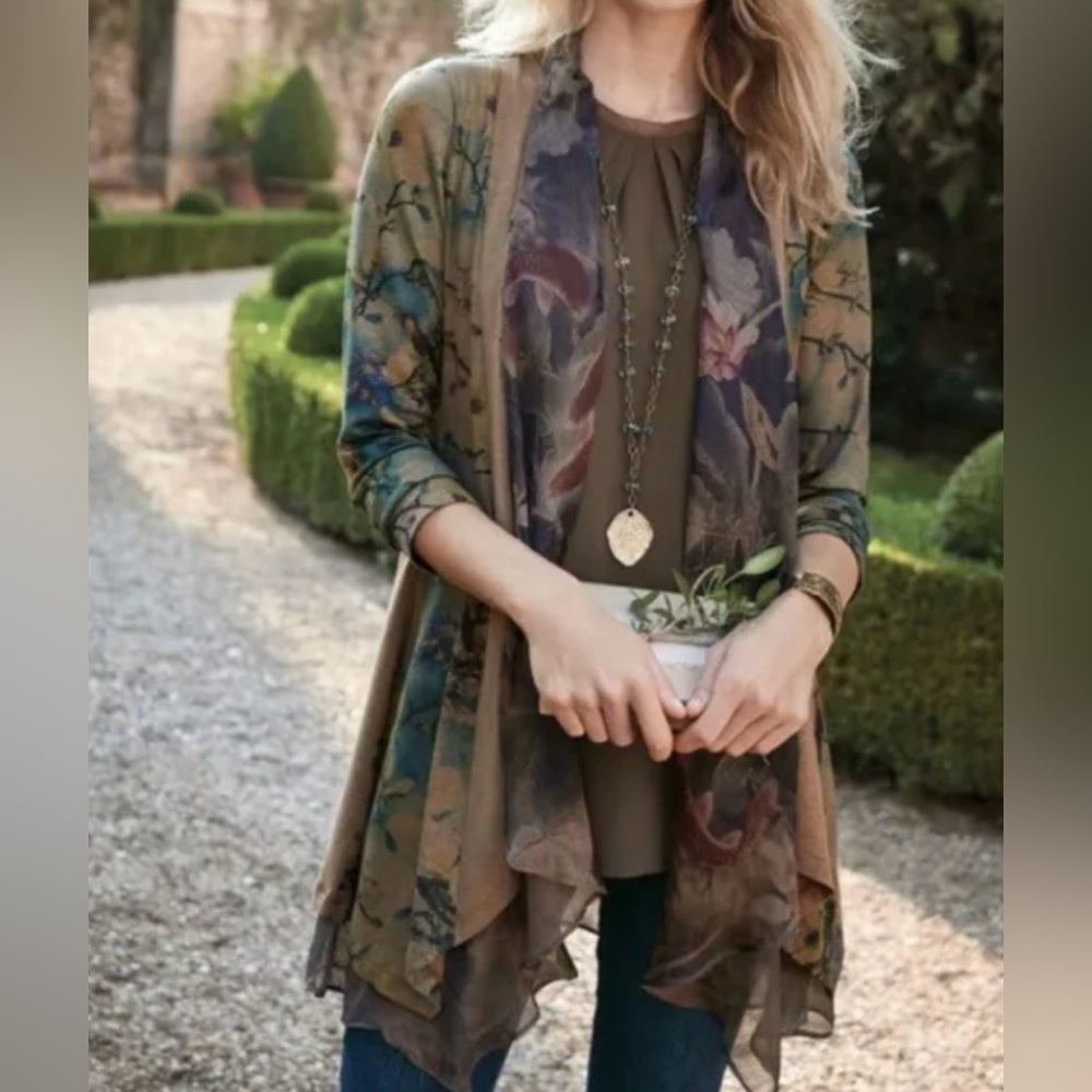 Soft Surroundings Tea Garden Asymmetrical Topper Floral Cardigan Sz PM